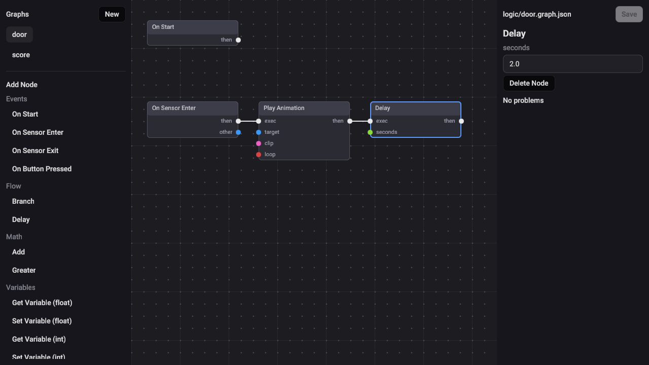 The Logic view: the graph list and Add Node on the left, a graph on the canvas, and the selected node's fields on the right