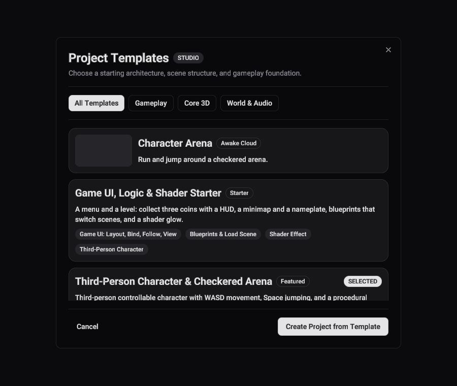The Project Templates dialog, listing a Cloud template and the Game UI, Logic & Shader Starter
